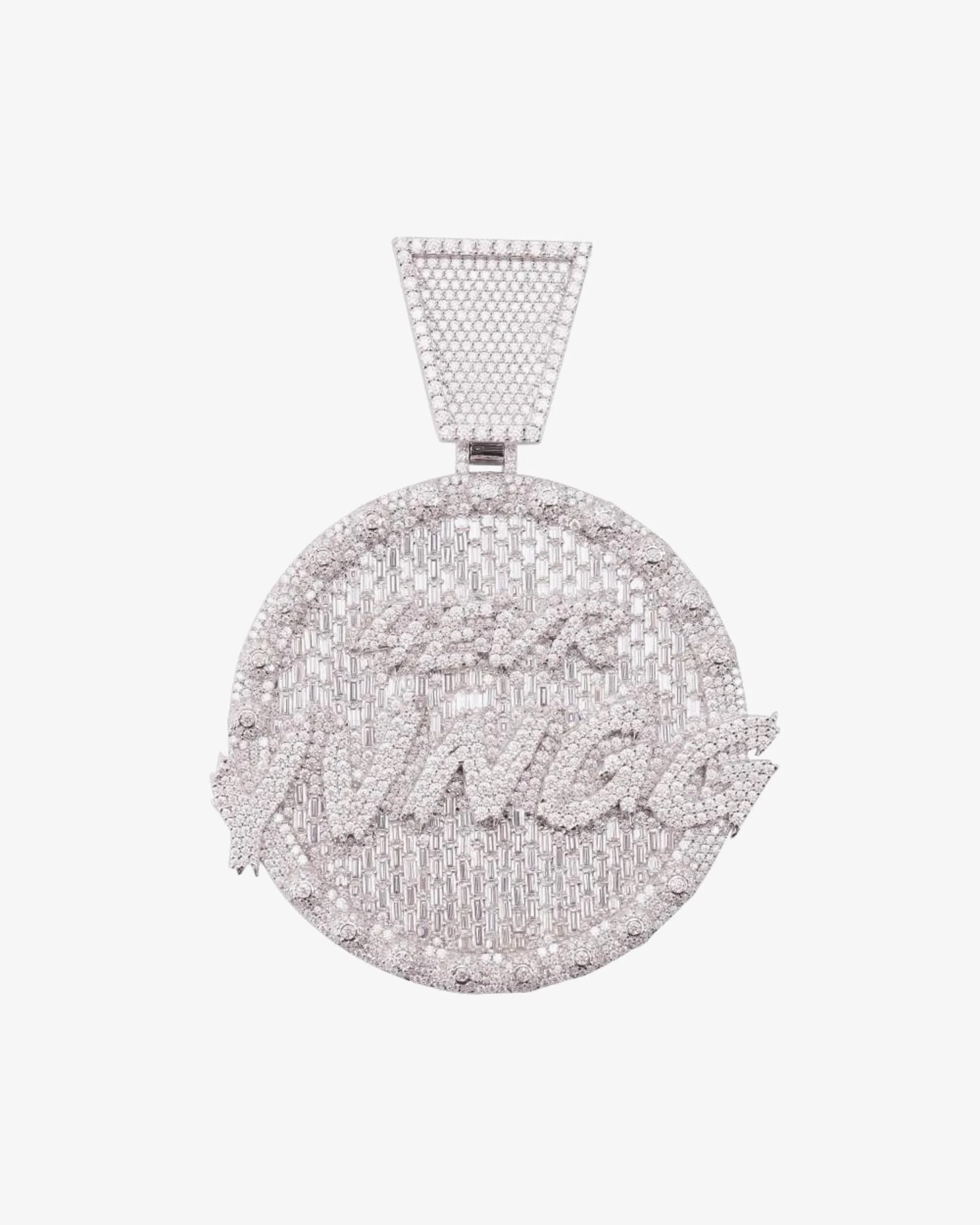 "4EVR YVNGG" Custom Moissanite Circle Pendant 14K White Gold