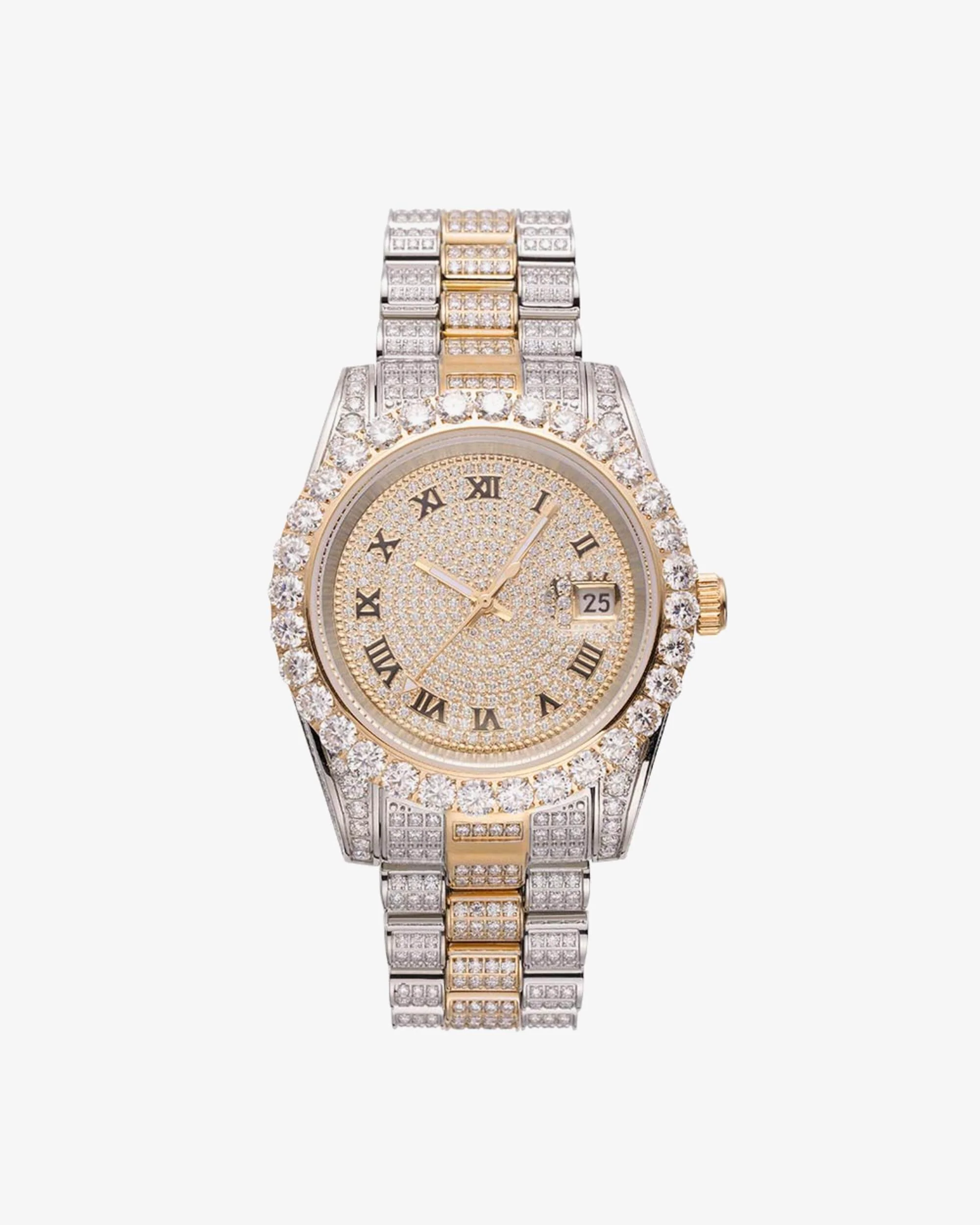 Moissanite Presidential Watch | 41MM | Roman Numeral Dial | 18.3CT Iced Out | 14K White and Yellow Gold Two Tone