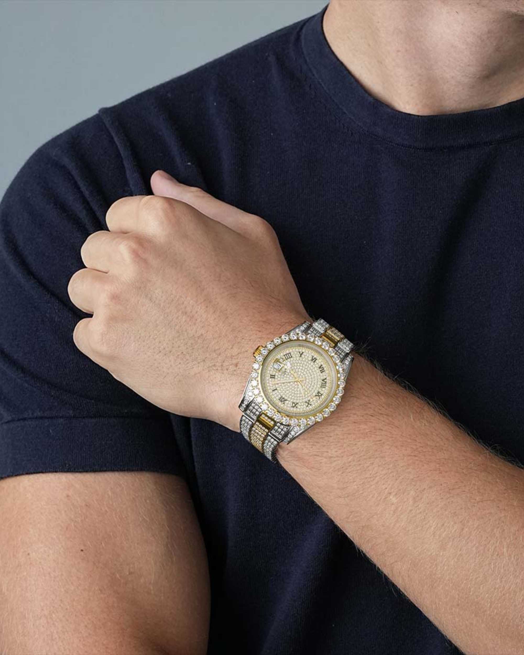 Moissanite Presidential Watch | 41MM | Roman Numeral Dial | 18.3CT Iced Out | 14K White and Yellow Gold Two Tone - Image 3