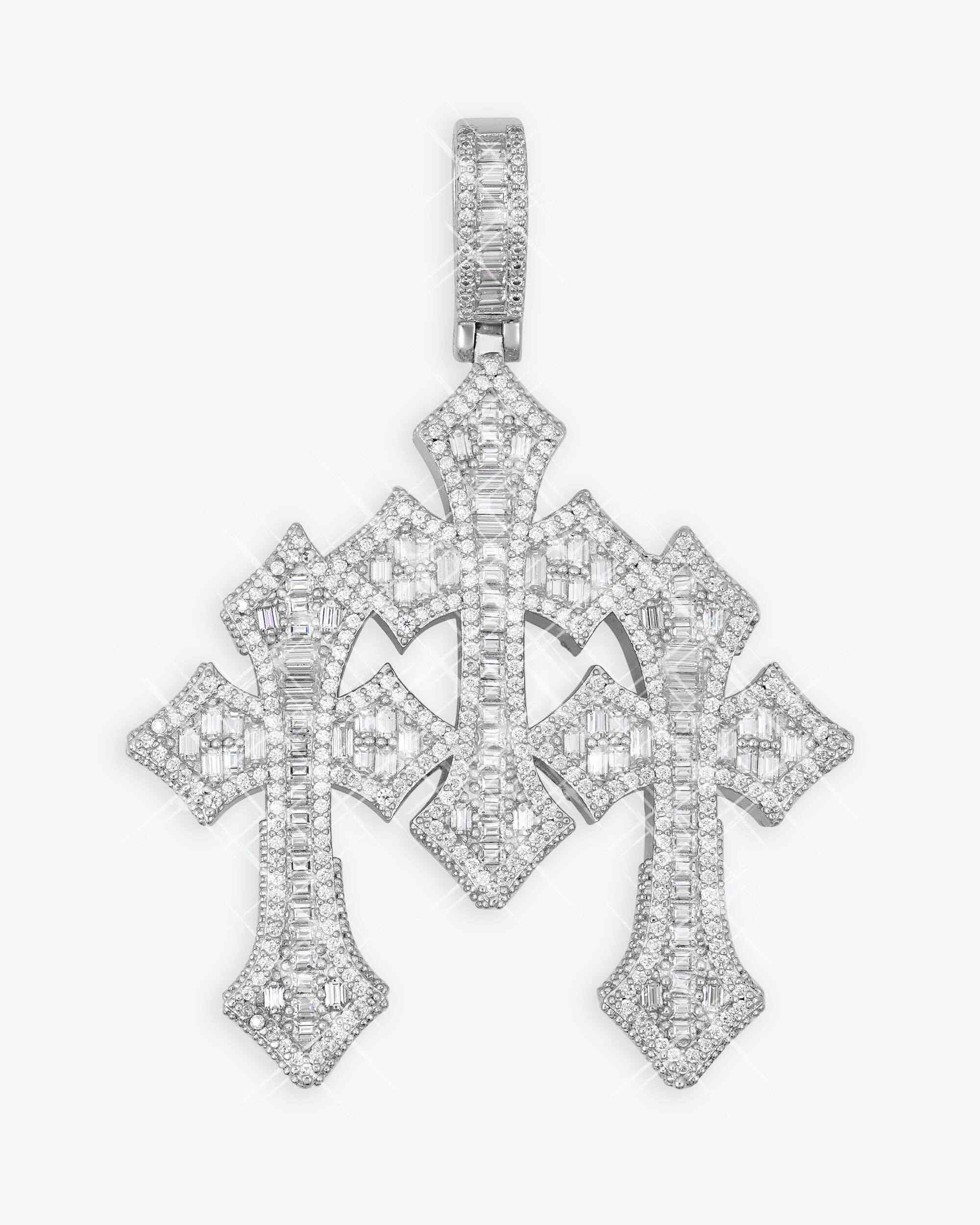 Baguette Moissanite Triple Ornamental Cross Pendant 14K Gold