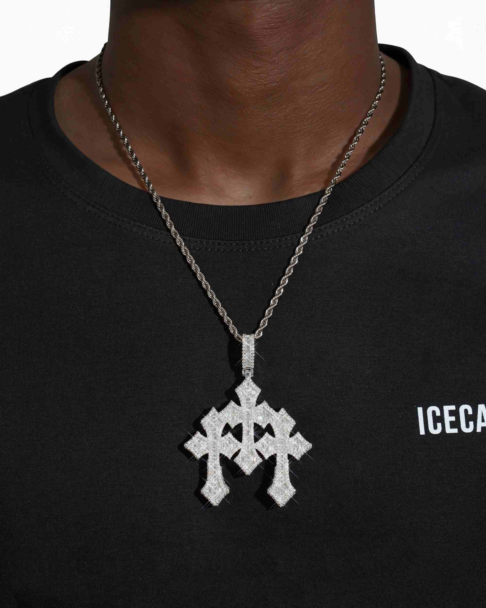 Baguette Moissanite Triple Ornamental Cross Pendant 14K Gold - Image 2