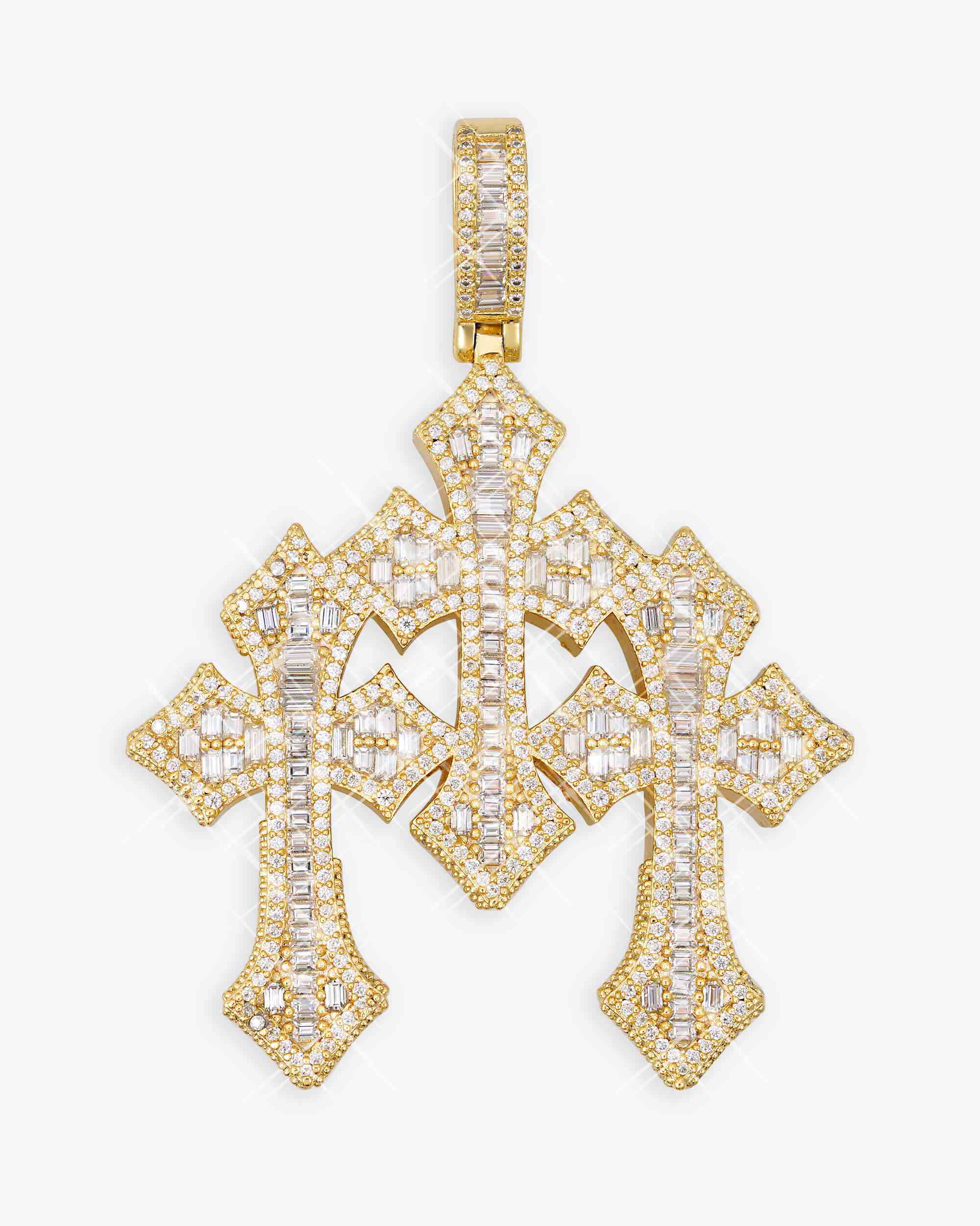 Baguette Moissanite Triple Ornamental Cross Pendant 14K Gold - Image 7