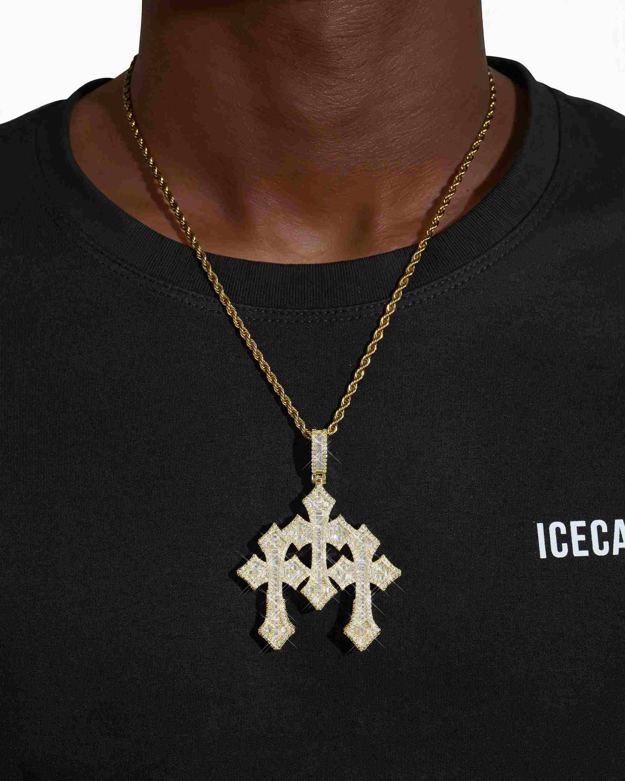 Baguette Moissanite Triple Ornamental Cross Pendant 14K Gold - Image 8