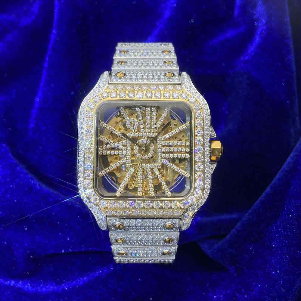 Moissanite Skeleton Watch | 42MM | 14K Yellow Gold | 14.1CT Bust Down - Image 6