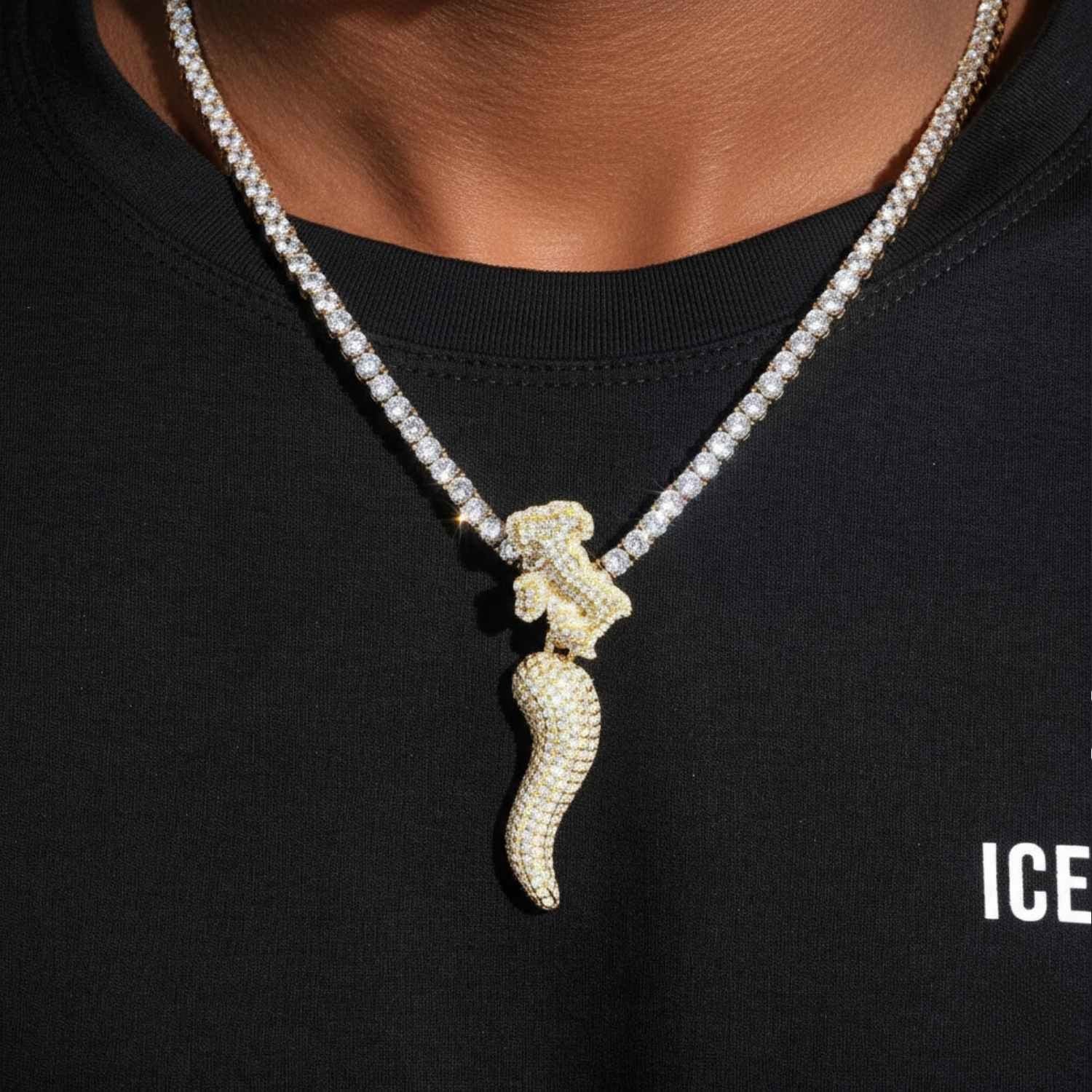 "Horn of Chaos" Custom Moissanite Logo Pendant 14K Gold - Image 2