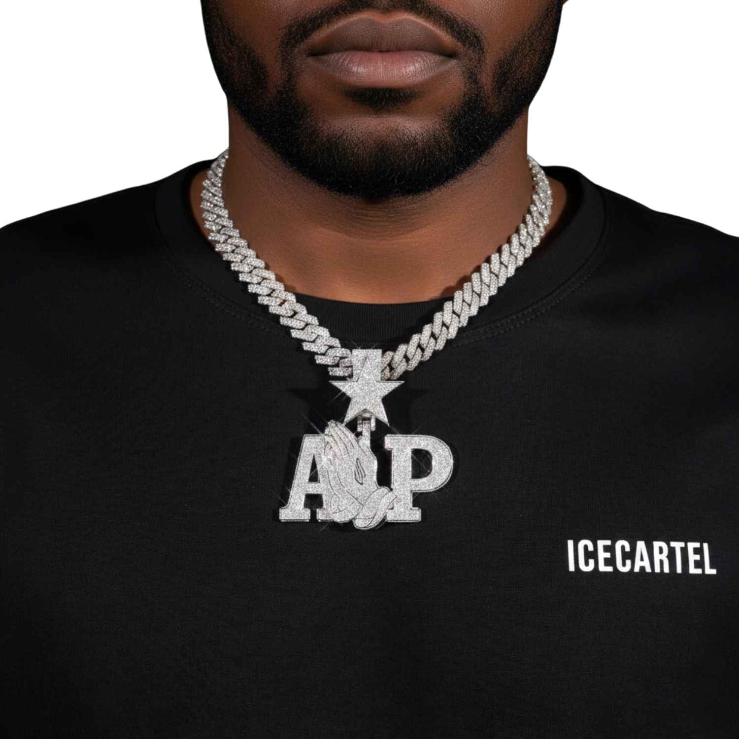 "AP Praying Hands" Custom Moissanite Logo Pendant 14K Gold - Image 2