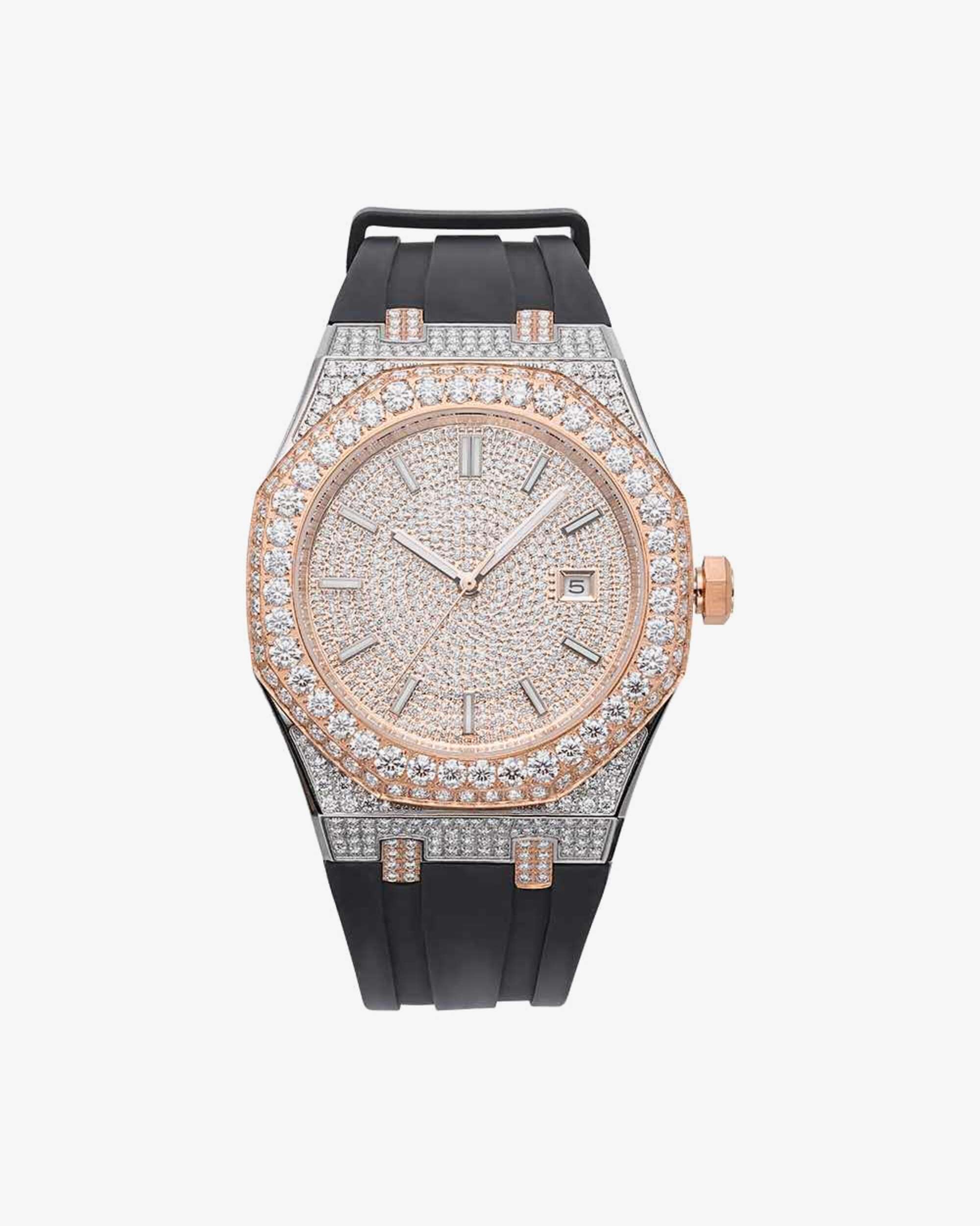 Moissanite Iced Out Silicone Band Watch | 13.5CT | 14K Rose Gold