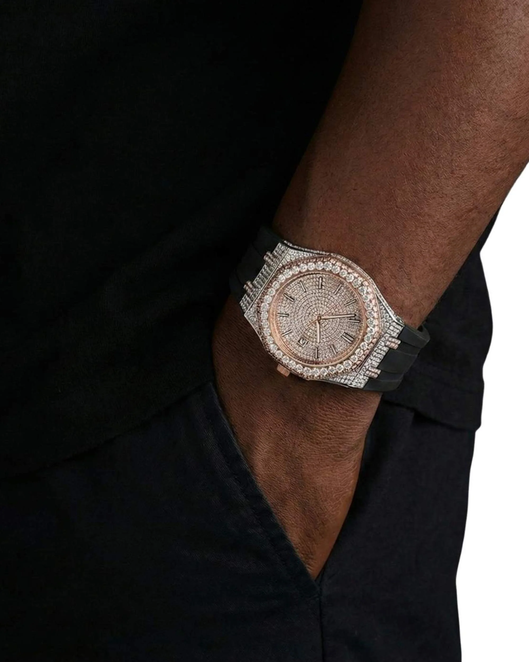 Moissanite Iced Out Silicone Band Watch | 13.5CT | 14K Rose Gold - Image 2