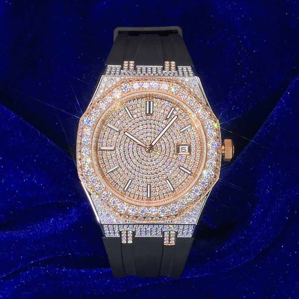 Moissanite Iced Out Silicone Band Watch | 13.5CT | 14K Rose Gold - Image 6
