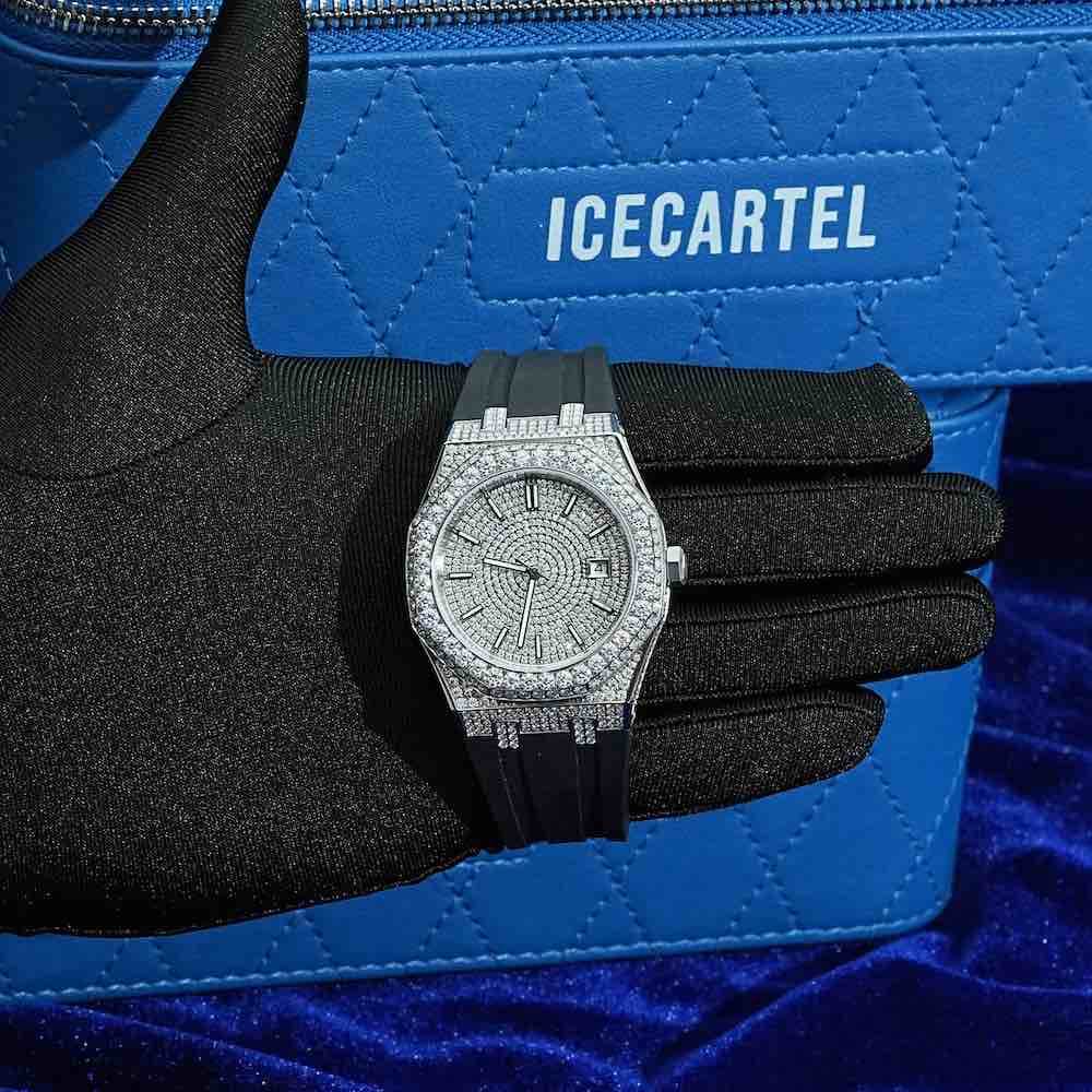 Moissanite Iced Out Silicone Band Watch | 13.5CT | 14K White Gold - Image 4