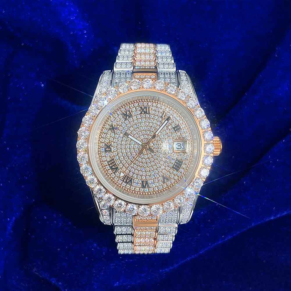 Moissanite Presidential Watch | 41MM | Roman Numeral Dial | 18.3CT Iced Out | 14K Rose Gold - Image 6