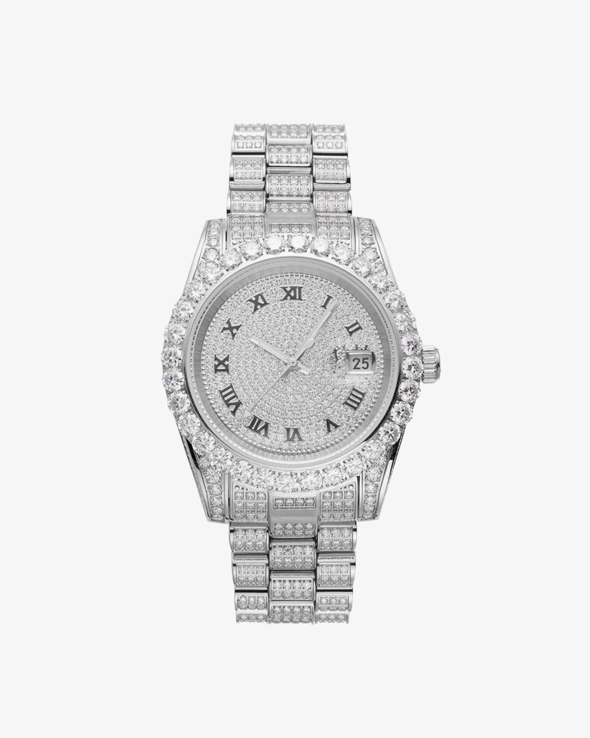 Moissanite Presidential Watch | 41MM | Roman Numeral Dial | 18.3CT Iced Out | 14K White Gold