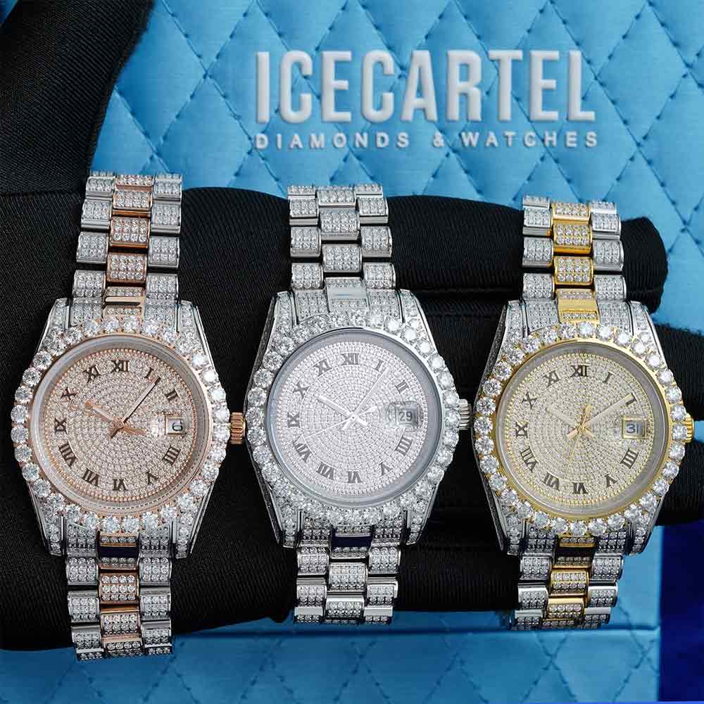 Moissanite Presidential Watch | 41MM | Roman Numeral Dial | 18.3CT Iced Out | 14K White Gold - Image 4