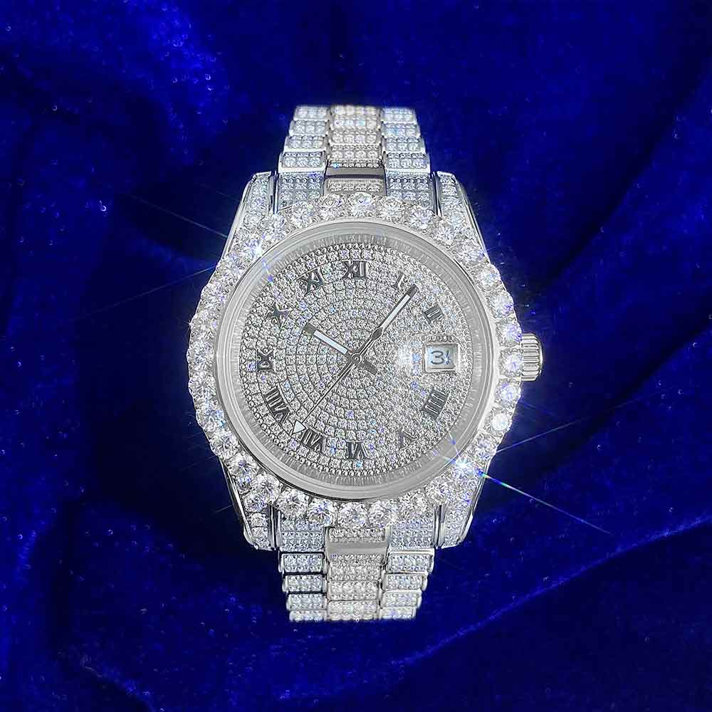 Moissanite Presidential Watch | 41MM | Roman Numeral Dial | 18.3CT Iced Out | 14K White Gold - Image 5