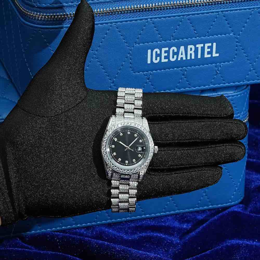 Moissanite Presidential Watch | Black Face | 41MM | 13.3CT Iced Out | 14K White Gold - Image 4