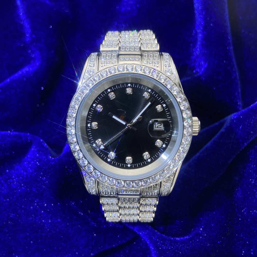 Moissanite Presidential Watch | Black Face | 41MM | 13.3CT Iced Out | 14K White Gold - Image 6
