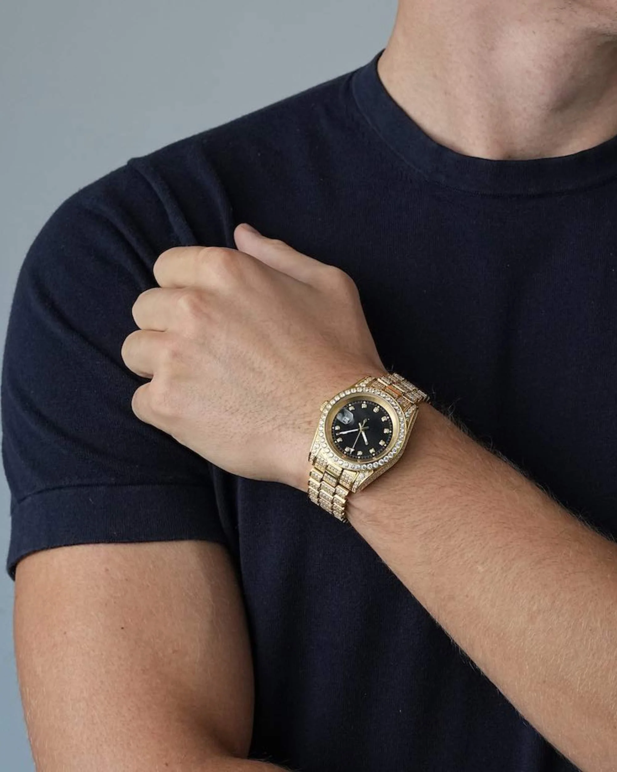 Moissanite Presidential Watch | Black Face | 41MM | 13.3CT Iced Out | 14K Yellow Gold - Image 3