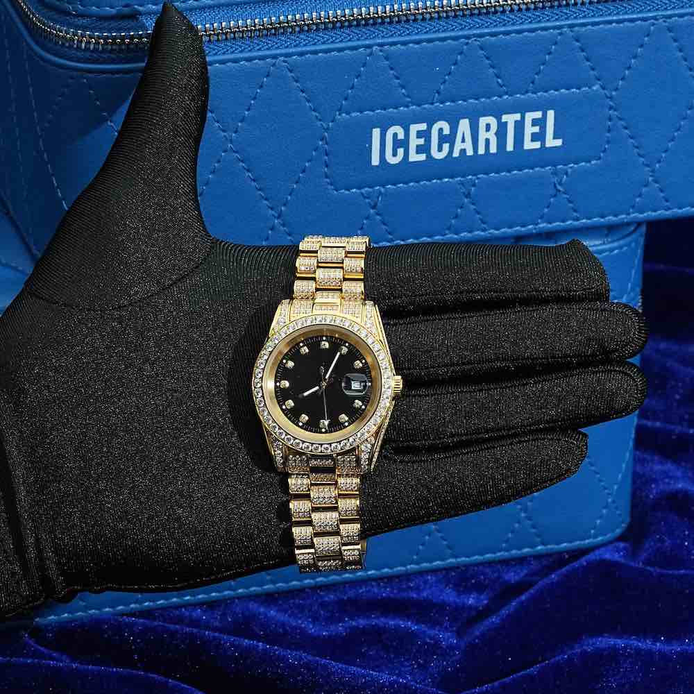 Moissanite Presidential Watch | Black Face | 41MM | 13.3CT Iced Out | 14K Yellow Gold - Image 4