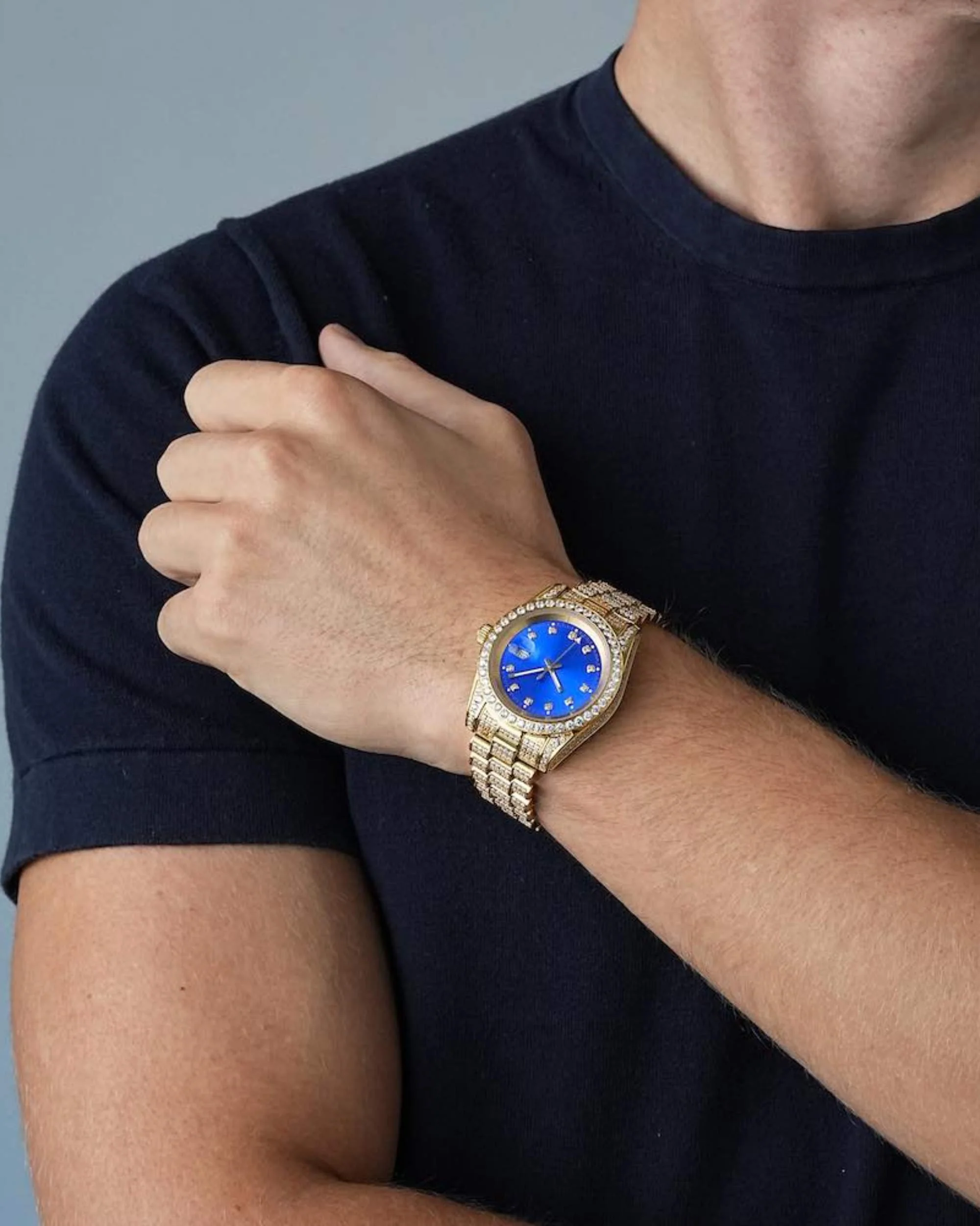 Moissanite Presidential Watch | Blue Face | 41MM | 13.3CT Iced Out | 14K Yellow Gold - Image 3