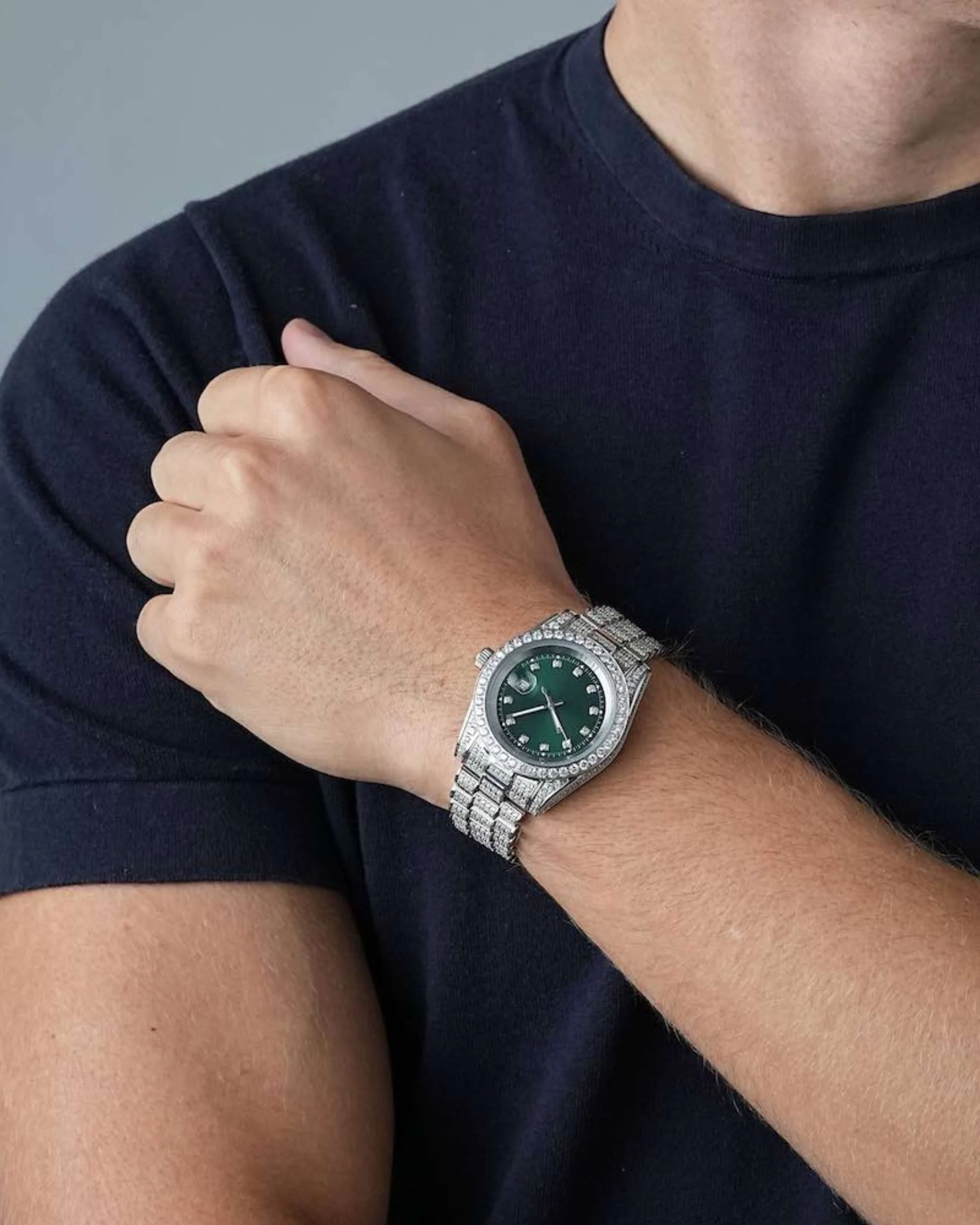 Moissanite Presidential Watch | Green Face | 41MM | 13.3CT Iced Out | 14K White Gold - Image 3