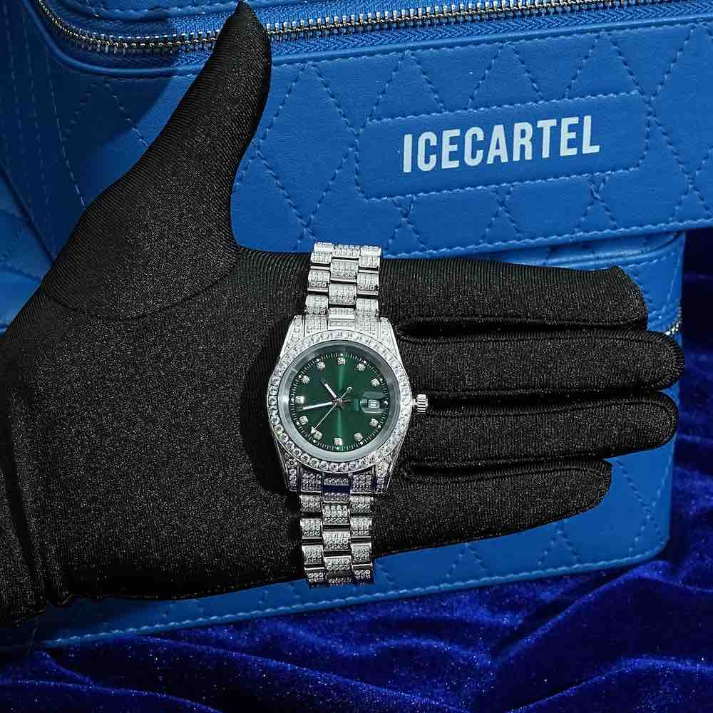 Moissanite Presidential Watch | Green Face | 41MM | 13.3CT Iced Out | 14K White Gold - Image 4