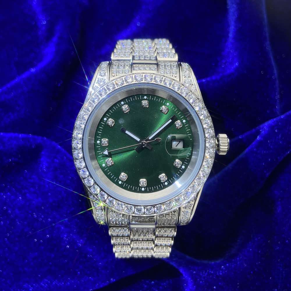 Moissanite Presidential Watch | Green Face | 41MM | 13.3CT Iced Out | 14K White Gold - Image 6