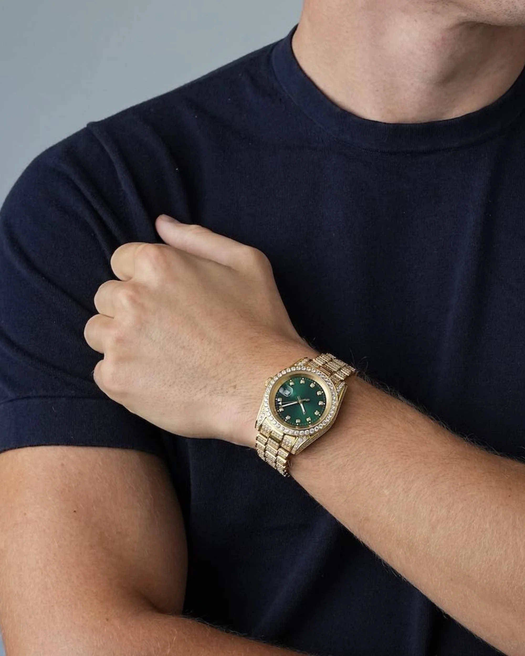 Moissanite Presidential Watch | Green Face | 41MM | 13.3CT Iced Out | 14K Yellow Gold - Image 3