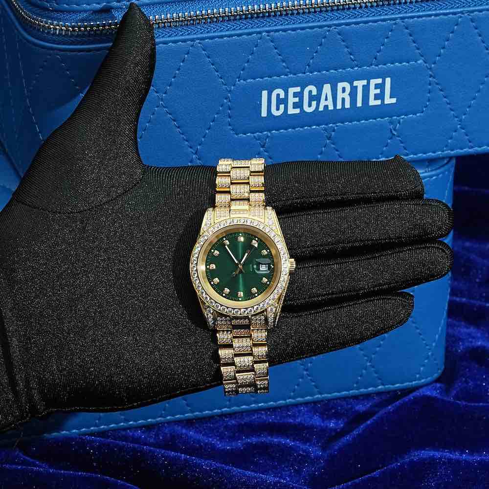 Moissanite Presidential Watch | Green Face | 41MM | 13.3CT Iced Out | 14K Yellow Gold - Image 4