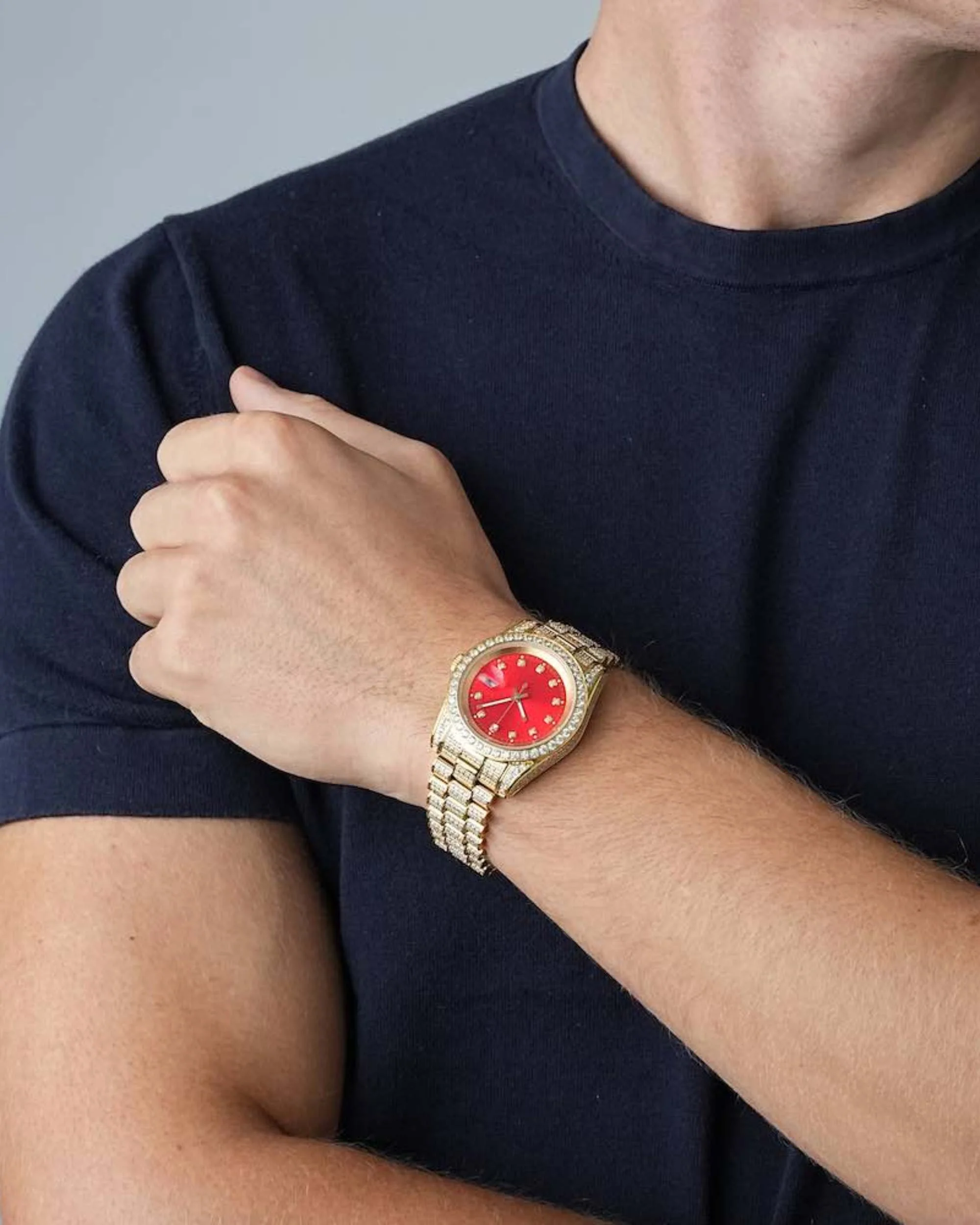 Moissanite Presidential Watch | Red Face | 41MM | 13.3CT Iced Out | 14K Yellow Gold - Image 3