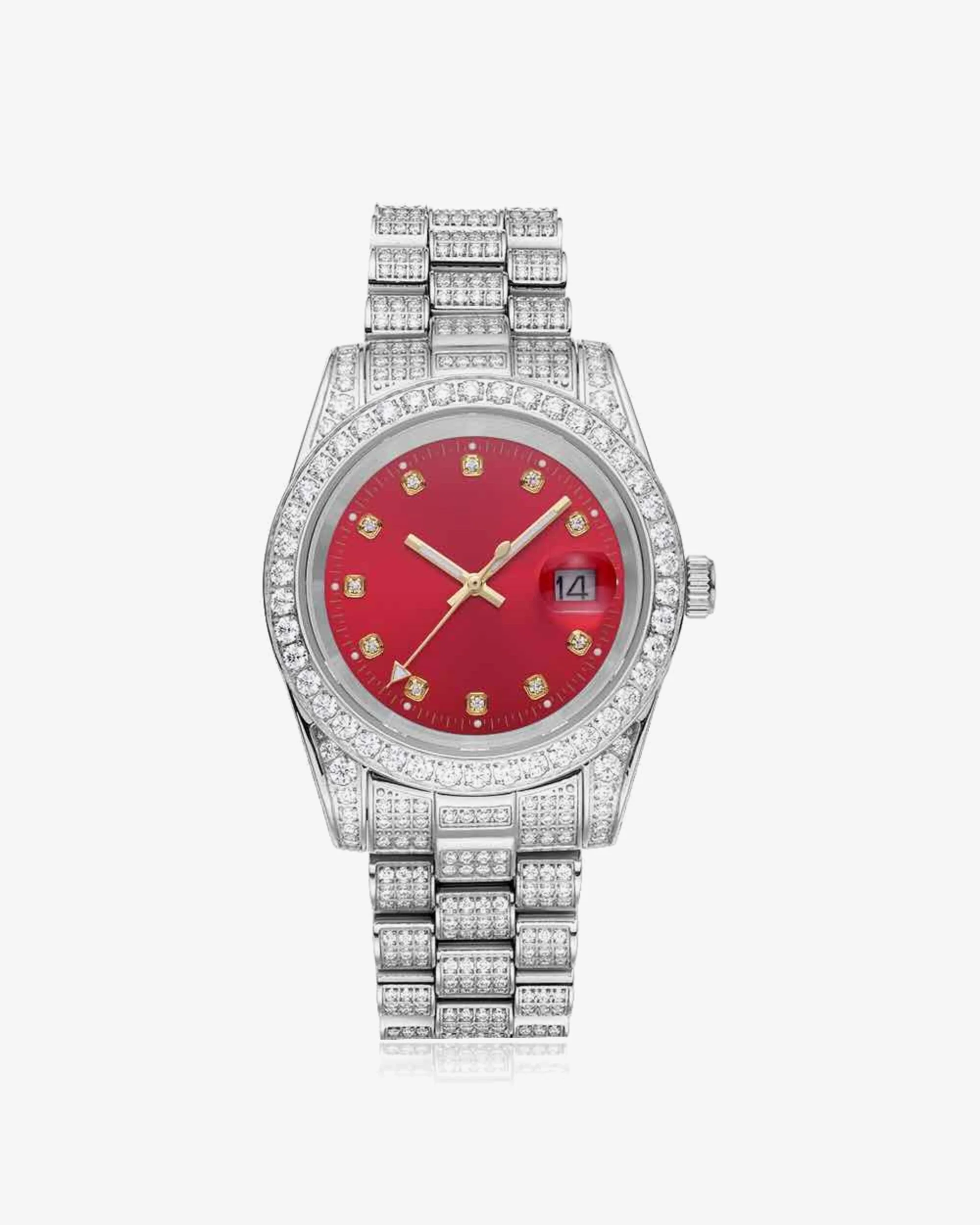 Moissanite Presidential Watch | Red Face | 41MM | 13.3CT Iced Out | 14K White Gold