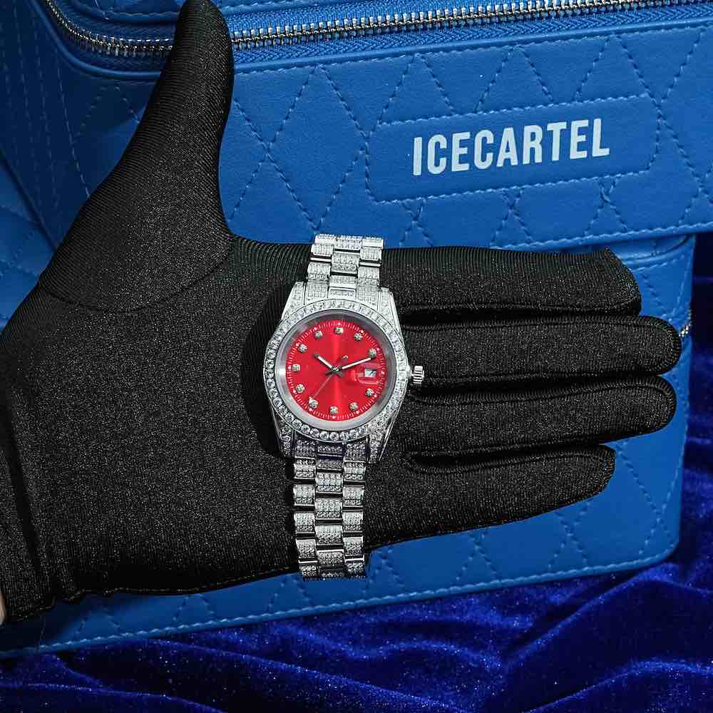 Moissanite Presidential Watch | Red Face | 41MM | 13.3CT Iced Out | 14K White Gold - Image 4