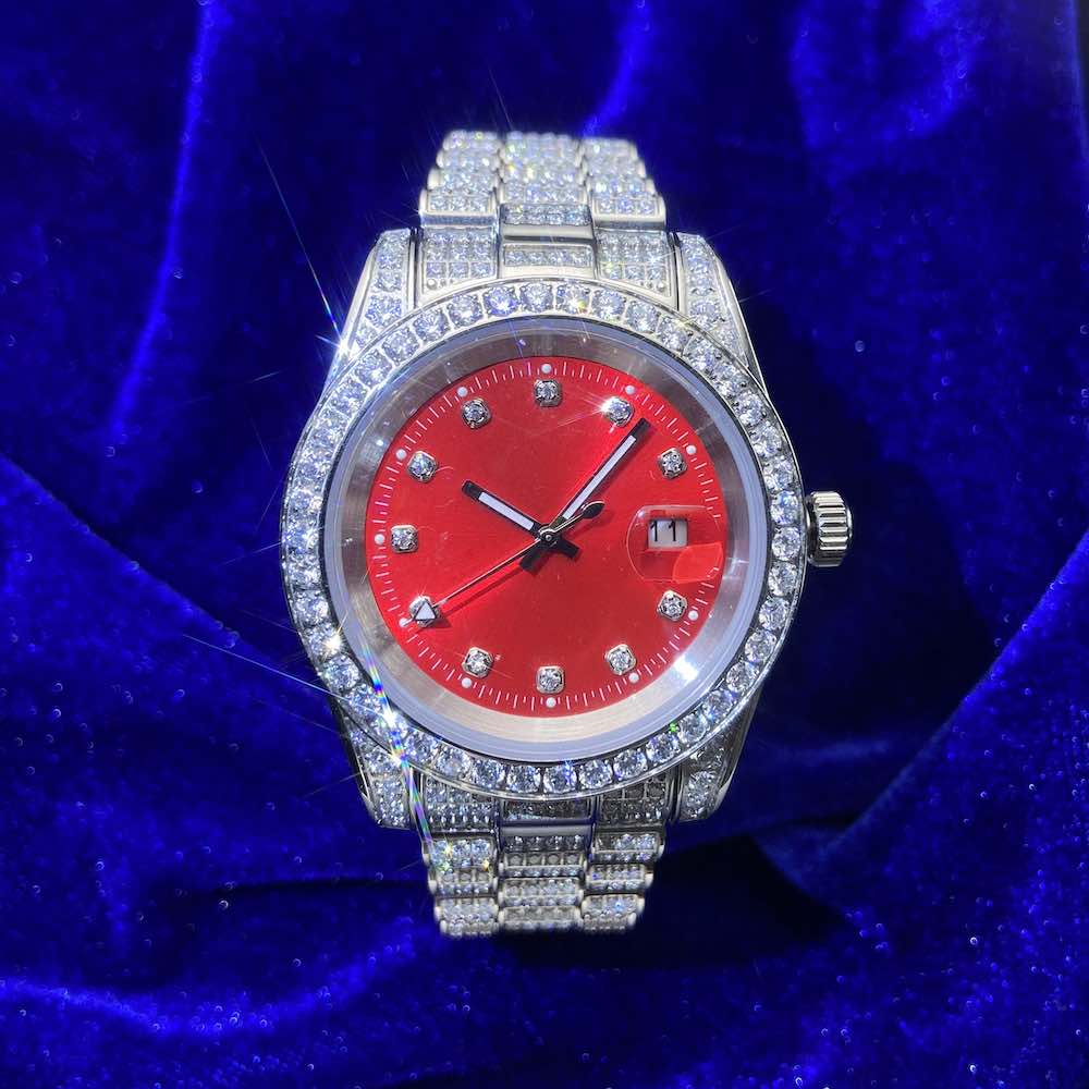 Moissanite Presidential Watch | Red Face | 41MM | 13.3CT Iced Out | 14K White Gold - Image 6