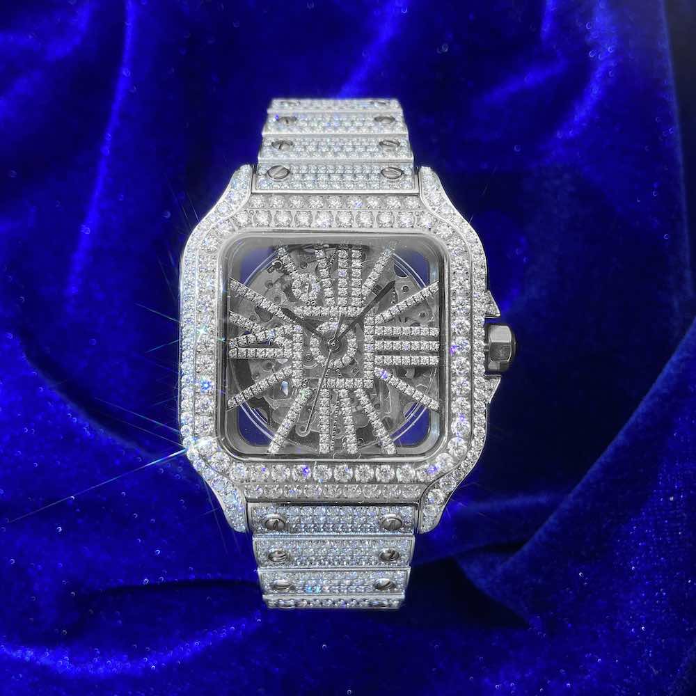 Moissanite Skeleton Watch | 42MM | 14K White Gold | 14.1CT Bust Down - Image 7