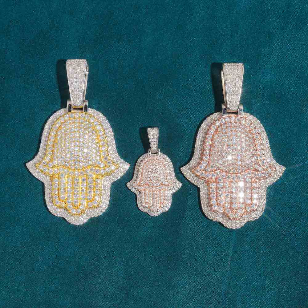 Moissanite Two Tone Hamsa Hand Pendant 14K Gold - Image 17