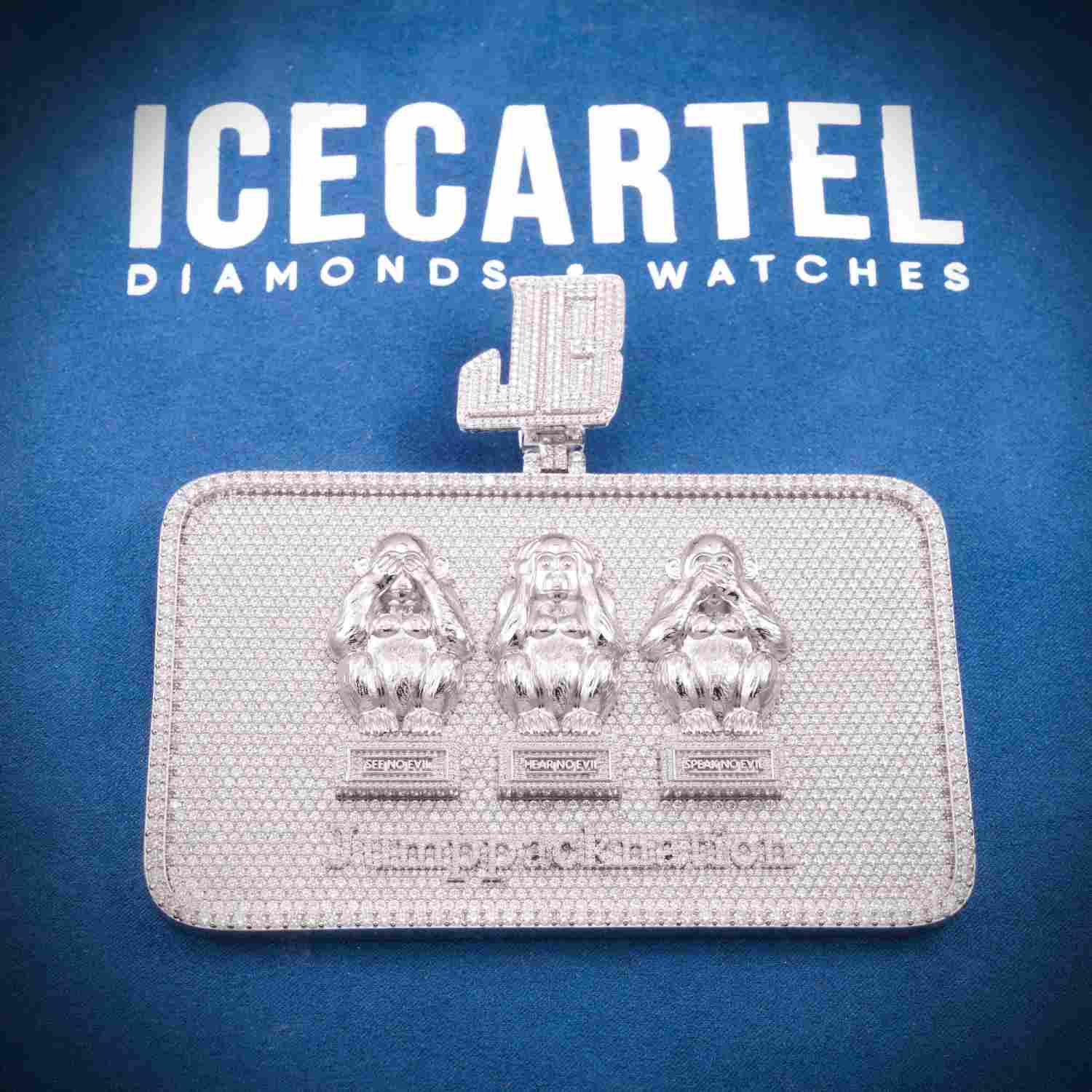 "Monkey Card" Custom Moissanite Rectangle Pendant 14K White Gold - Image 3