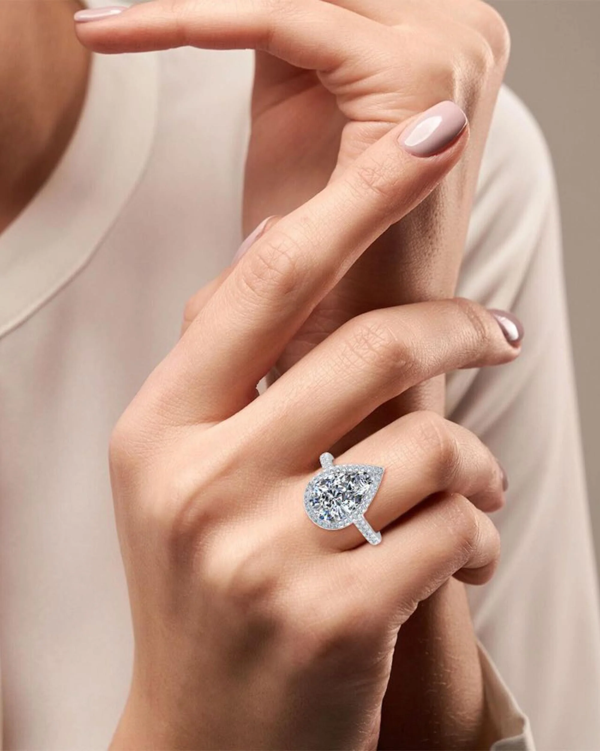 Pear Cut Moissanite Petite Halo Engagement Ring - Image 7